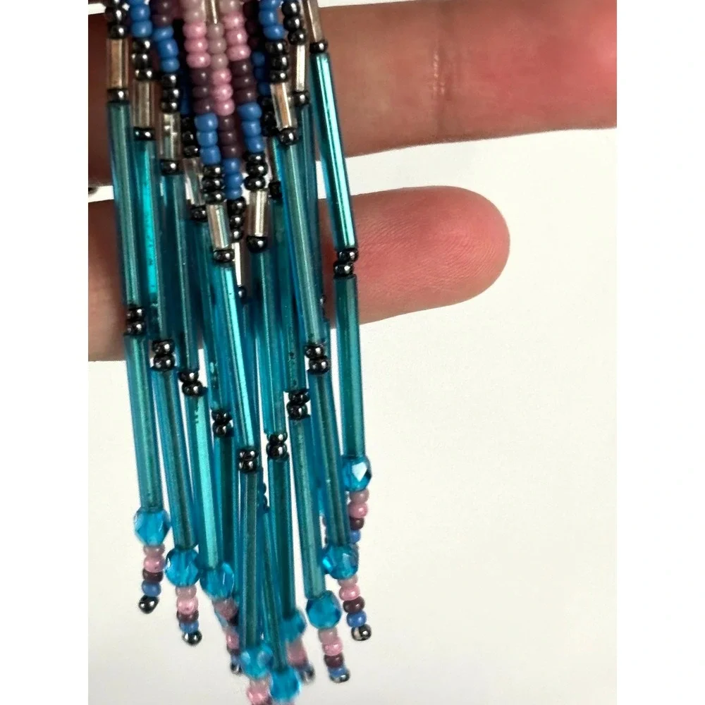 Vintage Southwestern Beaded Fringe Dangle Earrings Blue Glass‎ Tube Beads